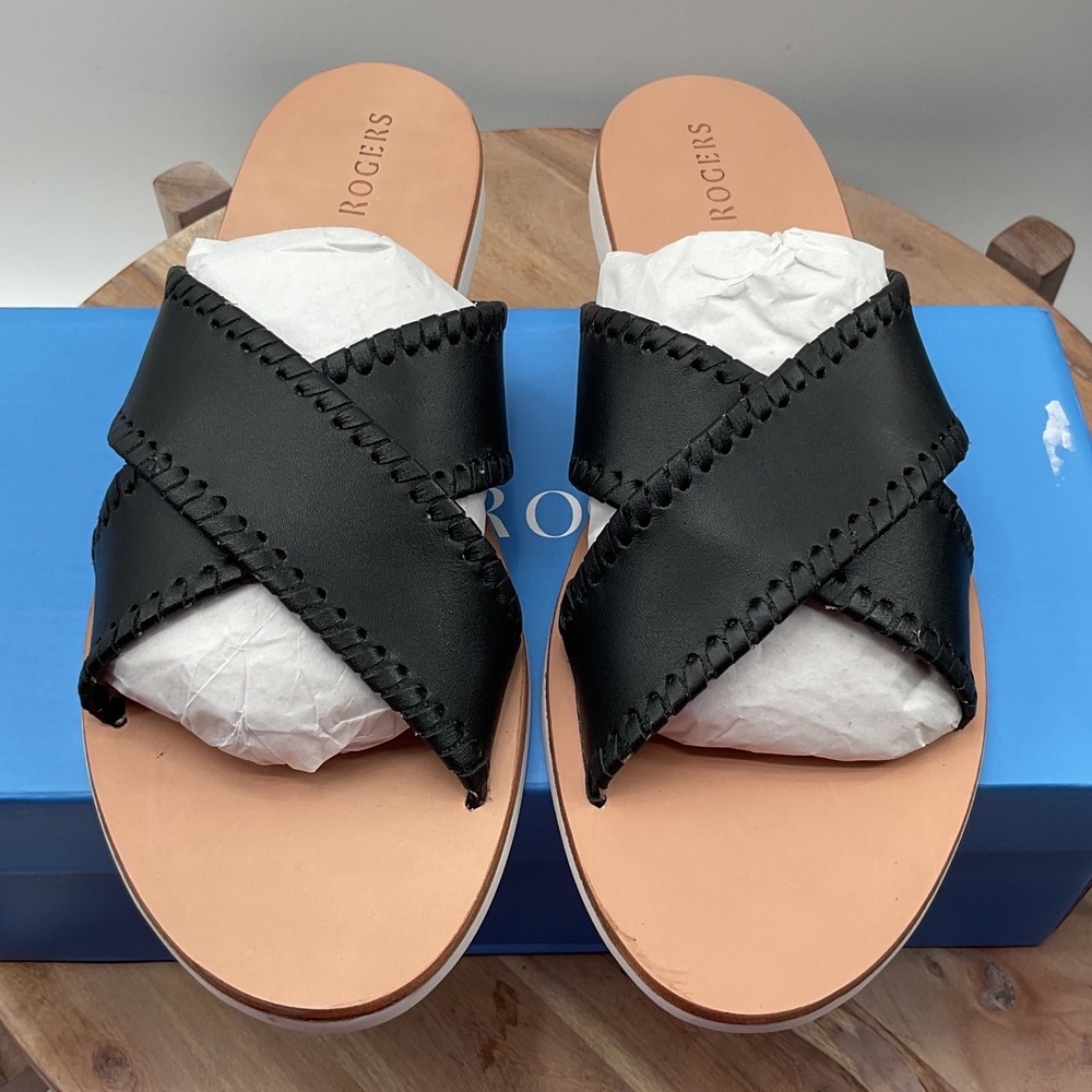 Jack Rogers Lexi Criss Cross Black Leather Whipstitch Slide Sandals Size 9M